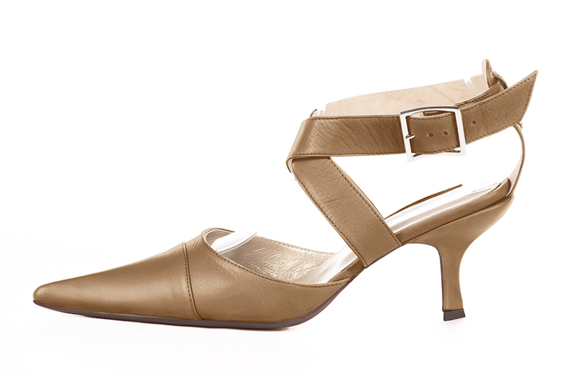 Camel beige women's open back shoes, with crossed straps. Pointed toe. High spool heels. Profile view - Florence KOOIJMAN